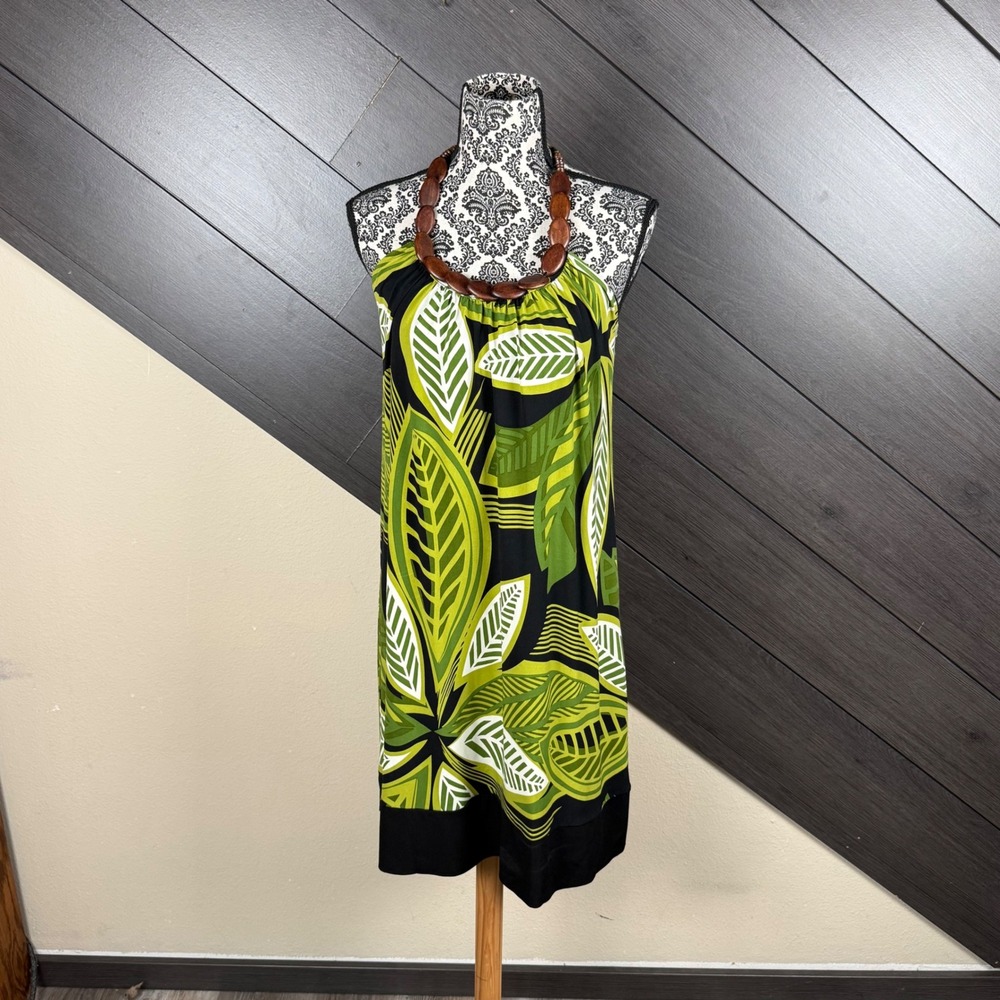 APT. 9 Women's Medium Halter Dress Green Black Leaf Print Tropical Y2K Beach